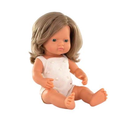 Papusa 38 cm, fetita europeana cu par blond inchis, imbracata in salopeta tricotata foto