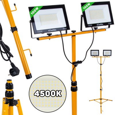 Proiector LED 2 x 100 W cu trepied telescopic pentru constructii, alb neutru, 4500 K, Keltin K02051 foto