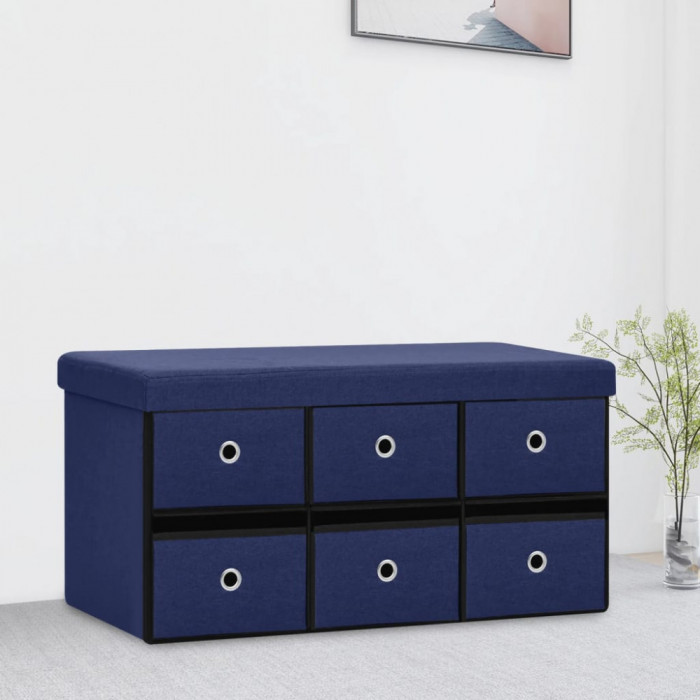 Bancă depozitare pliabilă, albastru, 76x38x38 cm imitație p&acirc;nză