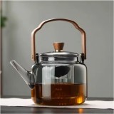 Ceainic 1200 ml din sticla borosilicata su infuzor si maner lemn, Fumuriu