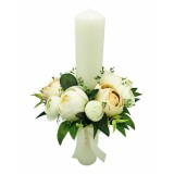 Lumanare pentru cununie botez, 40 cm, cu flori din matase, floarea miresei criogenata si frunze real touch (personalizabila cromatic si cu text)