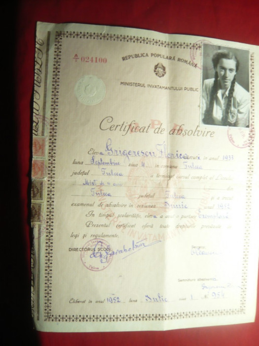Diploma - Certificat de Absolvire 1952 Liceul Mixt de 11 Ani din Tulcea