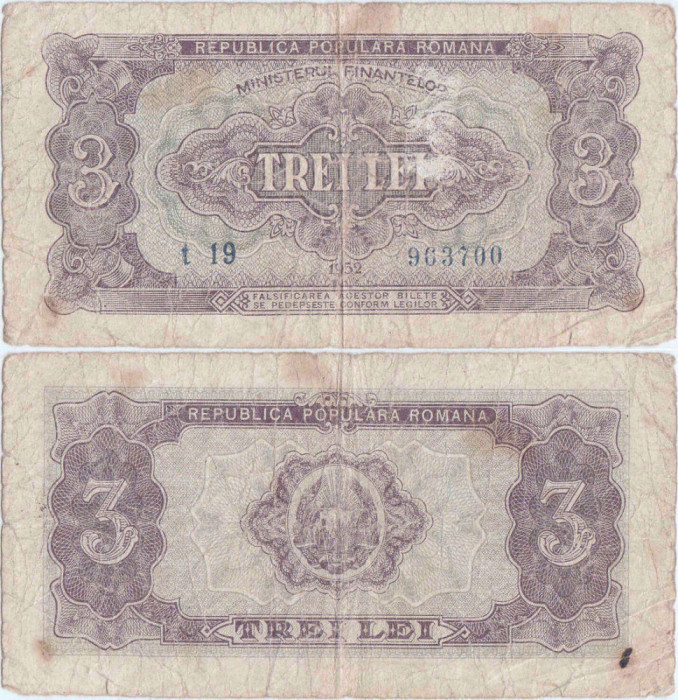 1952, 3 Lei | P-82b | Regatul Rom&acirc;niei