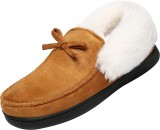 Papuci de iarna cu blana Mishansha, textil/cauciuc, maro/alb, 40