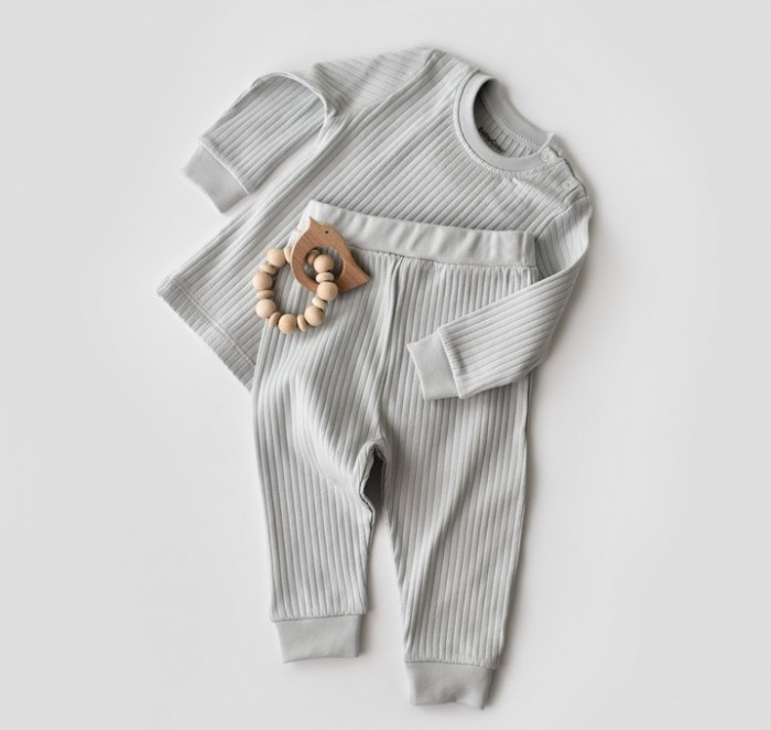 Set bluzita cu maneca lunga si pantaloni lungi din bumbac organic si 5% elastan - Gri BabyCosy (Marime: 6-9 luni)