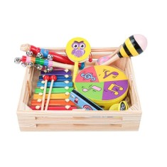 Jucarie set 9 instrumente muzicale in cutie din lemn, Orchestra Vesela