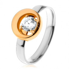 Inel realizat din oțel 316L, zirconiu rotund, transparent în cerc cu decupaj, bicolor - Marime inel: 55
