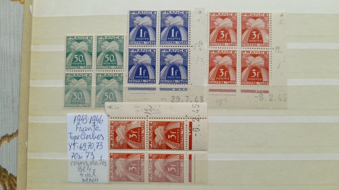 1943-1946 France tip Gerbes YT=69,70,73 bl4 coins dates MNH