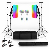Set studio iluminare cu 2 softbox, 2 becuri LED RGB 50W, white screen, clame pentru panza, geanta transport