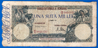 (31) BANCNOTA ROMANIA - 100.000 LEI 1946 (21 OCTOMBRIE 1946), FILIGRAN ORIZONTAL foto