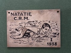 placheta concurs sportiv de natatie CRM , Locul I , ANUL 1938.Romania Regala .