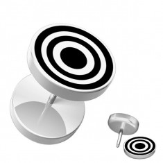 Piercing fals pentru ureche din acrilic alb, cu cercuri negre - Bilă: 10 mm