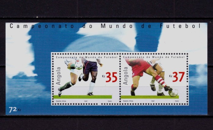 ✅(C39) Angola 2002 ,&quot; C.M. fotbal Japonia/ Coreea de Sud 2002 &quot;, serie block nr. 100 Michel 1666/67 ,C.V. 10 Є , MNH