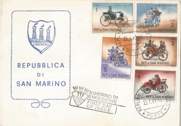 San Marino, Automobilele secolului al XIX-lea, FDC, 1962