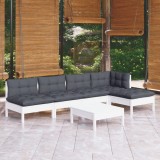 VidaXL Set mobilier de grădină cu perne, 6 piese, alb, lemn de pin