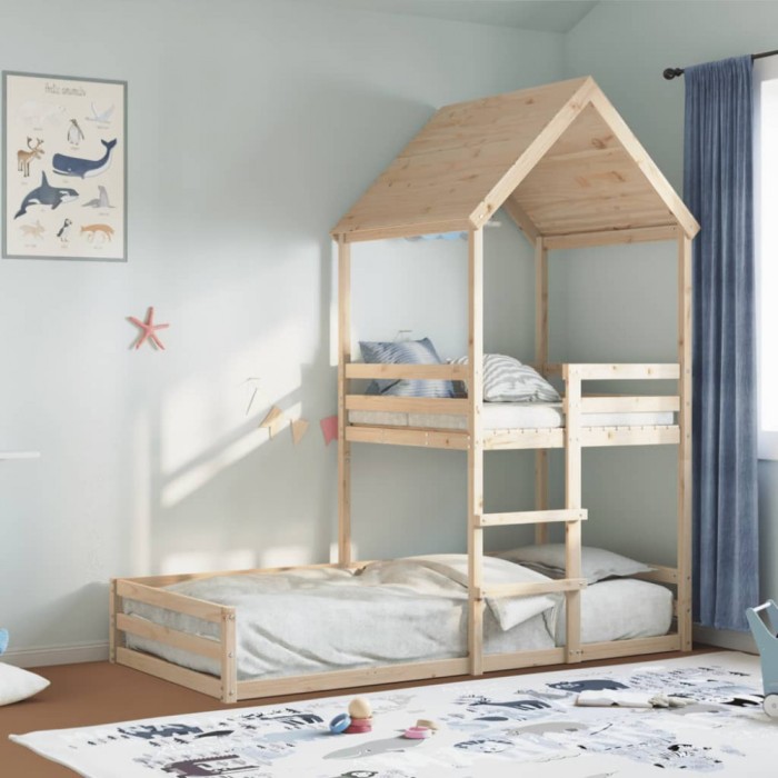 Gossi pat supraetajat cu acoperis, alb, 80x200 cm, lemn masiv de pin