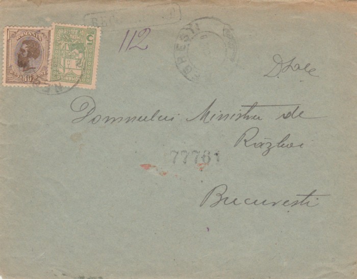 1919 Plic WW1 din Negresti, marca 40b Moldova, adresat Ministrului de Razboi