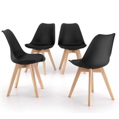 Set 4 buc, Scaune Stil Scandinav, cu Picioare din Lemn de Fag, Sezut din PP si Perna din Piele Ecologica, 49 x 43 x 82 cm, Negru foto