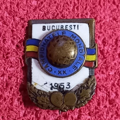 Insigna Campionatele mondiale de tenis de masa Bucuresti 1953 25x32 mm
