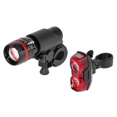 Set Far LED 1W si STOP LED 2x0.5W pentru bicicleta pe baterii 2x AAA/3X AAA REBEL