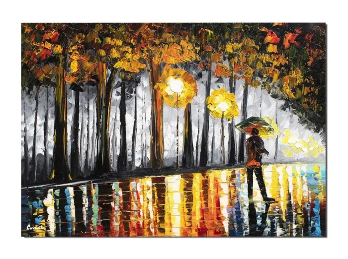 Tablou pictat manual, Pe tine te astept in ploaie, 70x50cm ulei pe panza, Spectaculos
