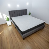 Set pat tapitat Limess, elemente lemn masiv, catifea, somiera inclusa, gri si saltea ortopedica Optima Silver Care, plasa de arcuri, reversibila, 160x