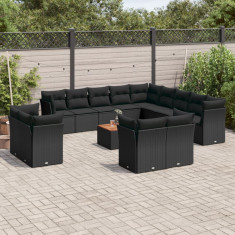 Set mobilier de gradina cu perne, 14 piese, negru, poliratan