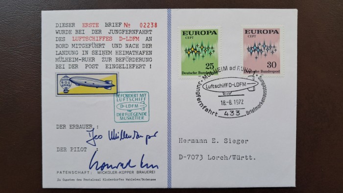 ZEPPELIN 1972 Circ. cu D-LDFM ,autografe,st. inaugurala,vign.wickuler PERFECTA