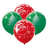 Baloane Latex Petrecere Crăciun, Imprimeu Moș Crăciun și Brad, Set 10 Bucăți, Roșu Verde, 30cm