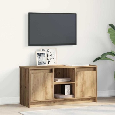 vidaXL Dulap TV cu lumini LED din lemn de stejar Artisan, dimensiuni 100x34x50 cm. E fabricat din lemn ingineresc. foto