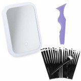 Set Make-up din 22 Piese, Oglinda cu LED si Incarcare USB, 20 de Pensule Antialergice si Sablon Multifunctional 5-in-1 Eyeliner
