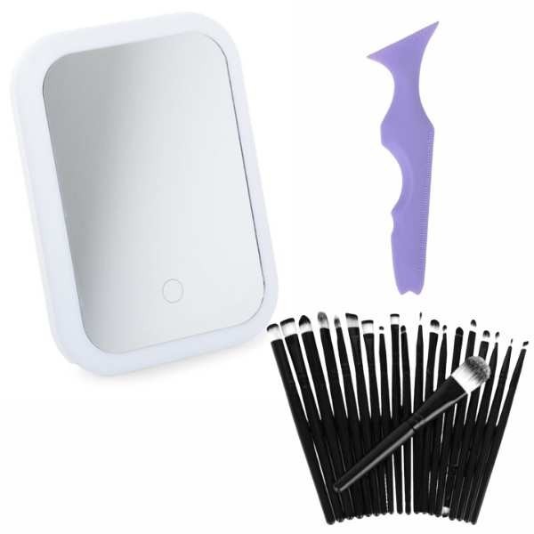 Set Make-up din 22 Piese, Oglinda cu LED si Incarcare USB, 20 de Pensule Antialergice si Sablon Multifunctional 5-in-1 Eyeliner
