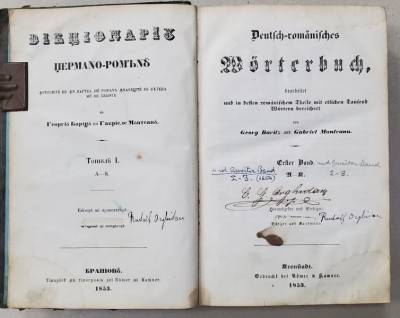 DICTIONAR GERMAN-ROMAN de GEORGE BARITIU si GABRIEL MUNTEANU, 2 vol. - BRASOV, 1853 foto