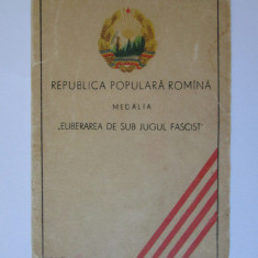 Legitimație medalia Eliberarea de sub Jugul Fascist 1954