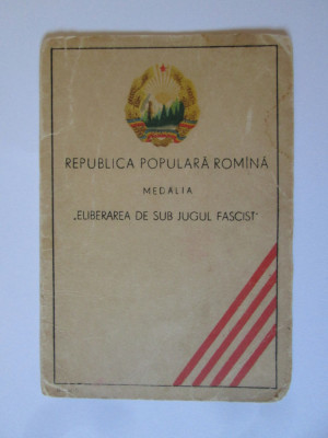 Legitimație medalia Eliberarea de sub Jugul Fascist 1954 foto