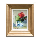 Tablou inramat pictat manual, Trandafir rosu stilizat, 33x27cm ulei pe panza in cutit efect 3D, Geo Ungureanu