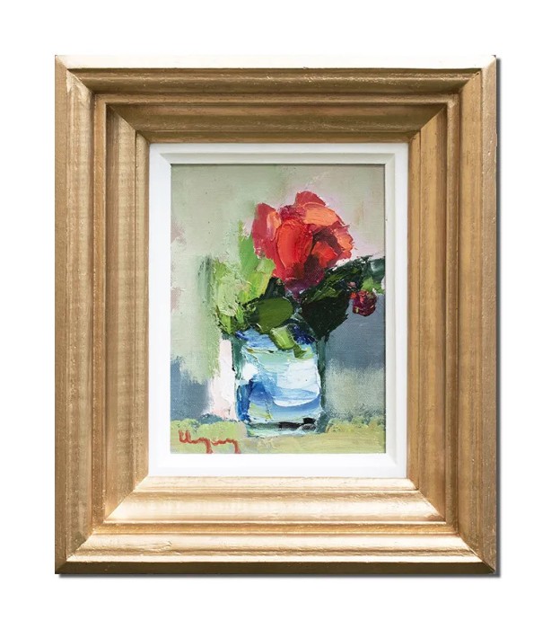 Tablou inramat pictat manual, Trandafir rosu stilizat, 33x27cm ulei pe panza in cutit efect 3D, Geo Ungureanu