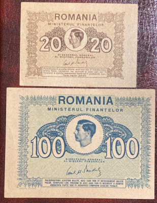 SET BANCNOTE REGALISTE 20 LEI si 100 LEI 1945, REGELE MIHAI I/ NECIRCULATE, POZE foto