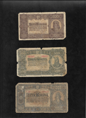 Rar! Set Ungaria 100 + 500 + 1000 korona coroane 1923 uzate foto