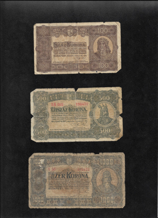 Rar! Set Ungaria 100 + 500 + 1000 korona coroane 1923 uzate