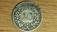 R10 Elvetia - moneda de colectie raruta - 20 rappen 1850 argint slab - f frumoasa !