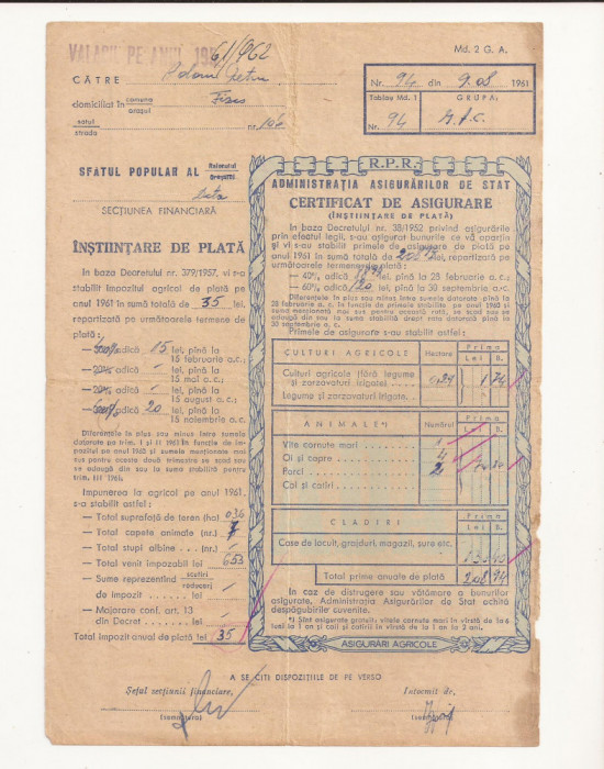 Certificat de asigurare - instiintare de plata - nr 94 anul 1961 Sat Fizes -CS