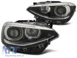 Set de faruri tuning cu ochi de &icirc;nger si lumini DRL potrivit pentru BMW 1 F20/F21 2011-2015, stanga si dreapta Performance AutoTuning