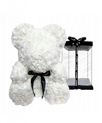 Ursulet floral DeLuxe Alb cu fundita, 25 cm + cutie de cadou ManiaMagic foto