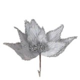 Floare decorativă de Crăciun cu clips, argintie cu glitter, 30 cm, CMCLASS