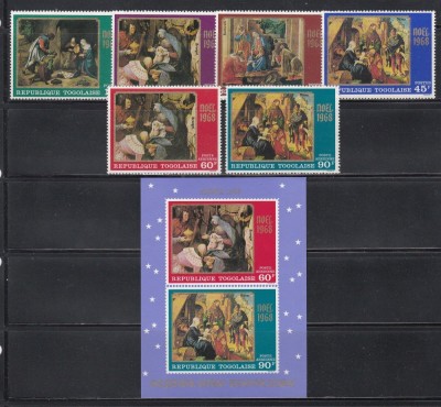 Togo 1968 - Crăciun - Picturi de Botticelli, D&amp;uuml;rer, Bruegel, Giorgione, Serie + Pa + Colita NDT, SET COMPLET, MNH foto