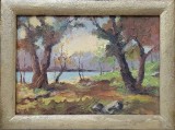 Tablou Ulei pe Carton Peisaj Delta Dunarii, Semnat, 49.5x34.5cm