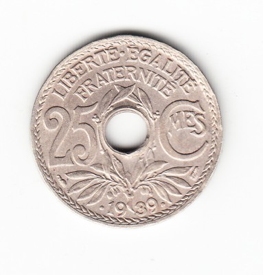 Moneda Franta 25 centimes 1939, stare foarte buna, curata foto