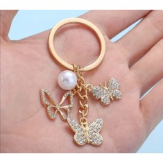 Breloc fluturi din aliaj cu pietricele si perla, auriu, un inel, 3*7 cm