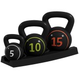 SPORTNOW Set de 3 kettlebells 2,2, 4,5 și 6,8 kg m&acirc;ner antiderapant antrenament sport fitness cu suport de depozitare negru | Aosom Romania